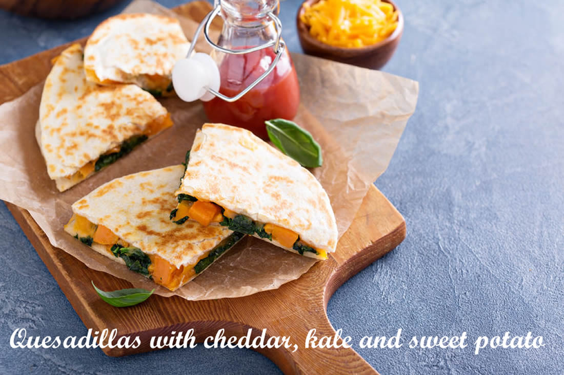 Quesadillas with cheddar, kale and sweet potato